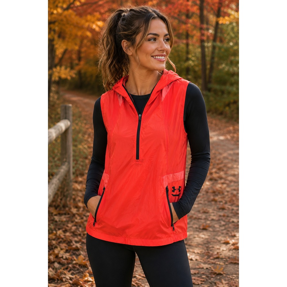 Under Armour Women M Red Orange Hooded Anorak Vest 1/2 Zip Windbreaker Running